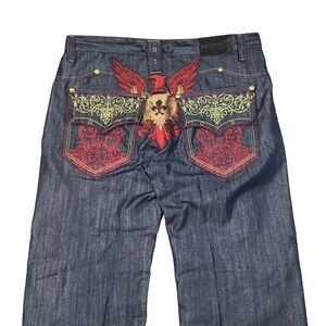 Imperious Mens Jeans 40x32 Gothic Grunge Wing Embroidery Y2K Delf Trading Blue